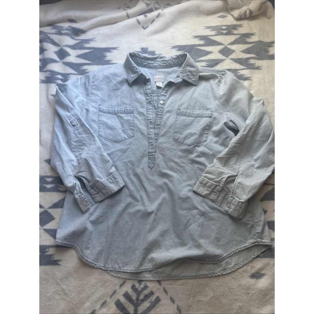 Chicos Denim Baby Blue 1/2 Button Top Size 2 Womens Cotton Collared Work Shirt